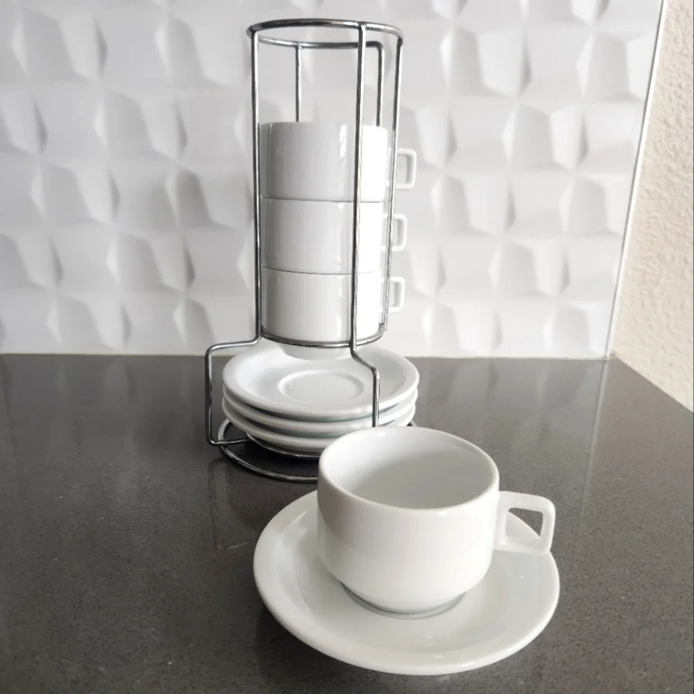 White Ceramic Espresso Cup And Saucer Set with Stand - Picture 1 of 2